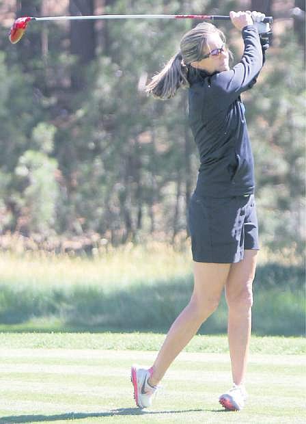 Brandi Chastain hits a drive on the 17th hole during a practice round at Edgewood Tahoe on Tuesday.