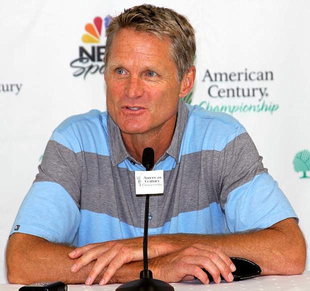 Golden State Warriors head coach Steve Kerr answers questions during a press conference Thursday. Kerr is sitting out the ACC due to a back injury suffered during Game 5 of the NBA Finals.