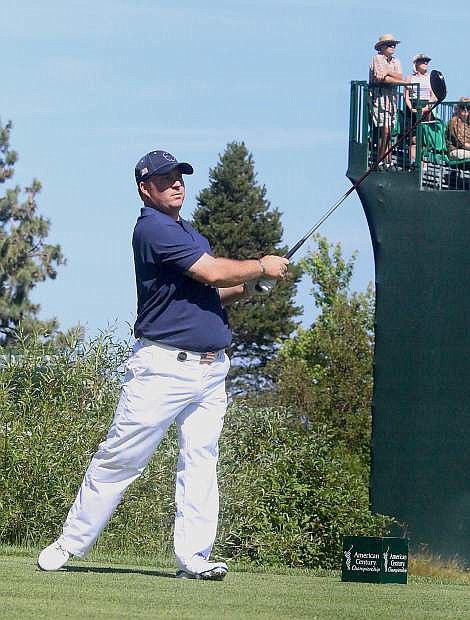Chad Pfeifer watches his tee shot on the first hole during Saturday&#039;s second round of the American Century Championship at Edgewood Tahoe Golf Course.