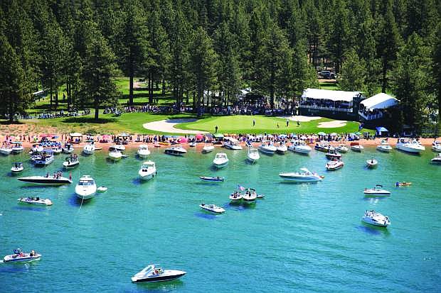 Boats surround the 17th green during the American Century Championship. The 26th annual celebrity golf tournament tees off Friday at Edgewood Tahoe Golf Course.
