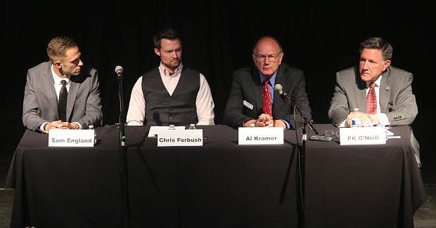 The four candidates running for the Republican nominee for Assembly District 40, from left, Sam England, Chris Forbush, Al Kramer and PK O&#039;Neill answer questions at a forum on Tuesday night.