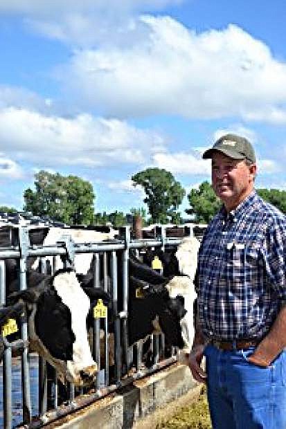 Eric Olsen stands near a pen of cows.