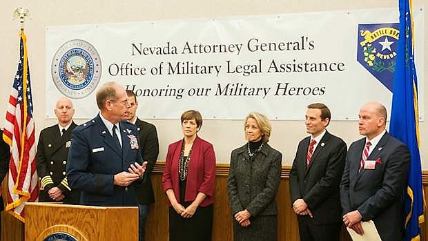 The Nevada National Guard&#039;s Adjutant General, Brig. Gen. Bill Burks, addresses Nevada Attorney General, Adam Laxalt, during the launch ceremony of Nevada&#039;s Office of  Military Legal Assistance program. The office is the first attorney-general facilitated, private-public partnership in the nation focused on assisting servicemembers regardless of branch or duty status.