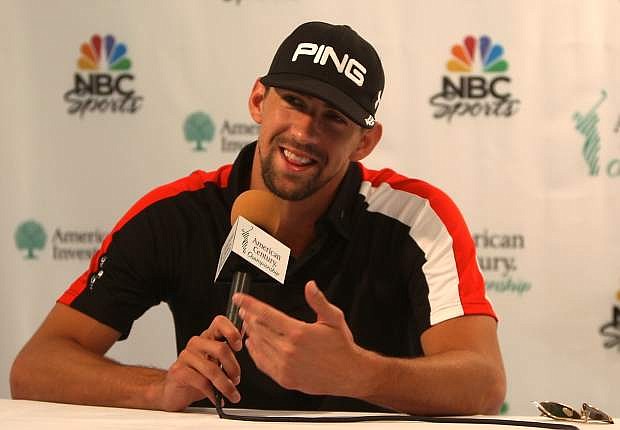 Olympic gold-medal swimmer Michael Phelps talks about his approaching American Century Championship debut during a press conference Thursday at Edgewood Tahoe Golf Course.