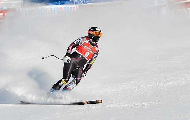 Stacey Cook skis into the finish area in the first Lake Louise downhill training run.