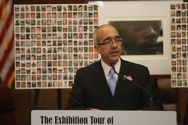 Senate Majority Leader Mo Denis talks about the &quot;Always Lost: A Meditation on War&quot; exhibit at the Nevada Legislature in 2013.