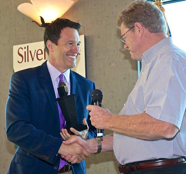 Jeffery E. Lungren (left) of the U.S. Chamber of Commerce presents a Spirit of Enterprise award to Congressman Mark Amodei Wednesday morning at the Silver Oak Executive Conference Center in Carson City.
