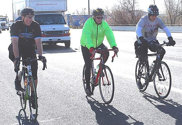 Rob Jones and other cyclist set off from Fallon to Silver Springs in another leg of Jones journey to reach his final destination oft Marine Corps Base Camp Pendleton. From left are Brian Bartltt, Mike Anderson and Jones.