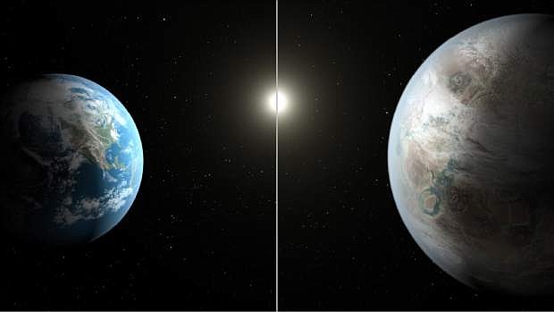 This artist&#039;s rendering made available by NASA on Thursday, July 23, 2015 shows a comparison between the Earth, left, and the planet Kepler-452b. It is the first near-Earth-size planet orbiting in the habitable zone of a sun-like star, found using data from NASA&#039;s Kepler mission. The illustration represents one possible appearance for the exoplanet - scientists do not know whether the it has oceans and continents like Earth. (NASA/Ames/JPL-Caltech/T. Pyle via AP)