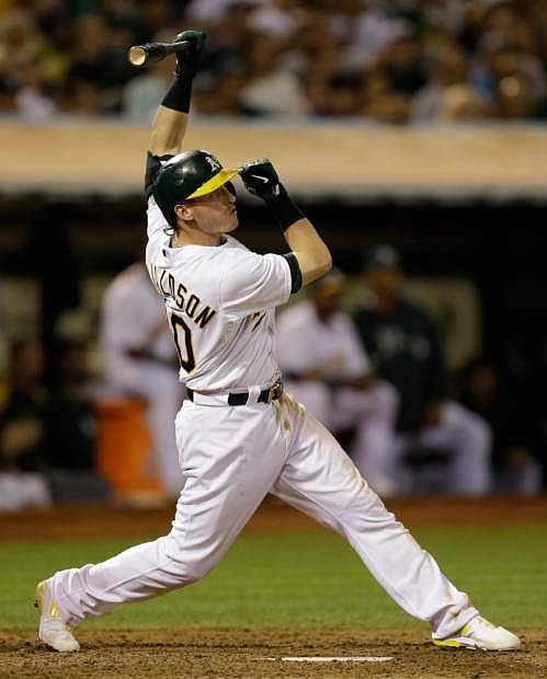 Oakland Athletics&#039; Josh Donaldson lines out in the seventh inning of a baseball game against the Houston Astros on Friday, Sept. 6, 2013, in Oakland, Calif. (AP Photo/Ben Margot)