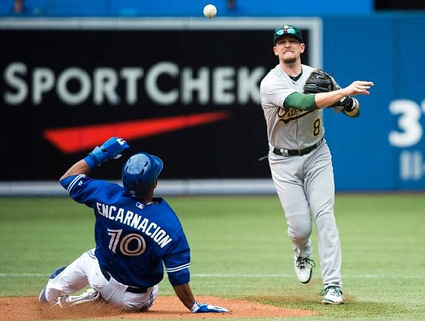 Toronto Blue Jays Edwin Encarnacion, left, gets forced out at second base by Oakland Athletics shortstop Jed Lowrie, right,  who throws to first  to complete a double play during fourth inning AL baseball action in Toronto on Monday, Aug. 12, 2013.  (AP Photo/The Canadian Press, Nathan Denette)