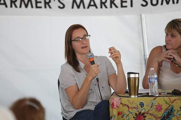 Author Novella Carpenter speaks at the farmer&#039;s market in downtown Carson City Saturday.