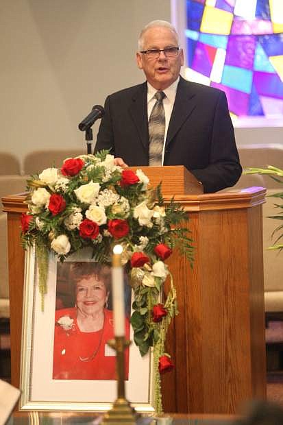 Karen Grillo, a friend of Janice Ayres, talks about Ayres&#039; accomplishments at her memorial service at First Presbyterian Church on Friday.