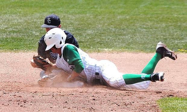 Fallon&#039;s Dalton Frank slides safely into second base for a stolen base during the Wave&#039;s 8-3 win over Spring Creek on Friday in South Lake Tahoe.