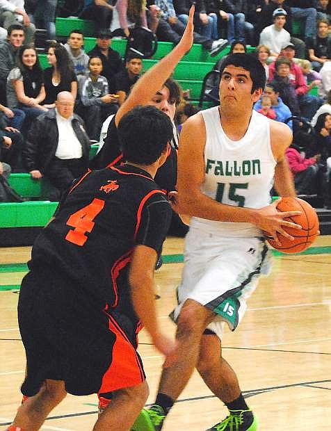 Fallon center Beau Marshall drives the lane during the Wave&#039;s 54-34 win over Fernley on Wednesday at the Elmo Dericco Gym.