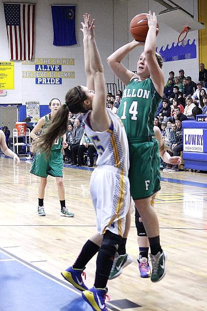 Fallon&#039;s Megan McCormick goes up for a shot during the Lady Wave&#039;s 47-36 loss to Lowry on Saturday. Fallon dropped Dayton, 73-20, on Monday.