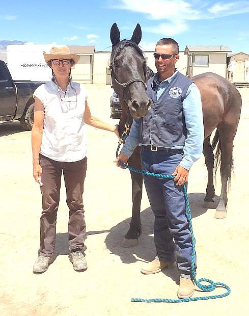 Clyde, the saddle-trained wild horse that went for the highest bid for the day of $5,600, goes home with his new owner, Ali, from Sonoma County, California.