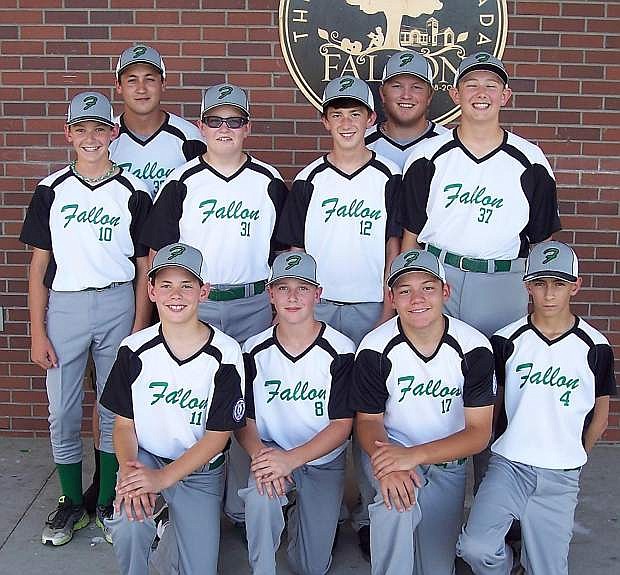 The Fallon 13-under Babe Ruth all-star team from back row from left to right are manager Danny Bright and coach Dillon Hagen. Middle row from left are Chance Wood, Austin Lunderstadt, Kyler Christensen and Mark Moyle III. Front row  from left are Gage Moretto, Brandon Rau, Russell Vershum and Tucker Stritenberger. Not pictured: Logan Smith, Blake Malkovich and Tallon Amezquita.