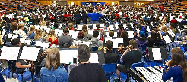 A sea of musicians rehearse Thursday morning in the Morse Burley Gymnasium at CHS for Band-O-Rama. Nearly 500 students from Carson City area schools performed for the public Thursday night.