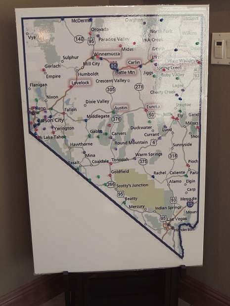 A map of Nevada with push pins to point out what bars the group visited.