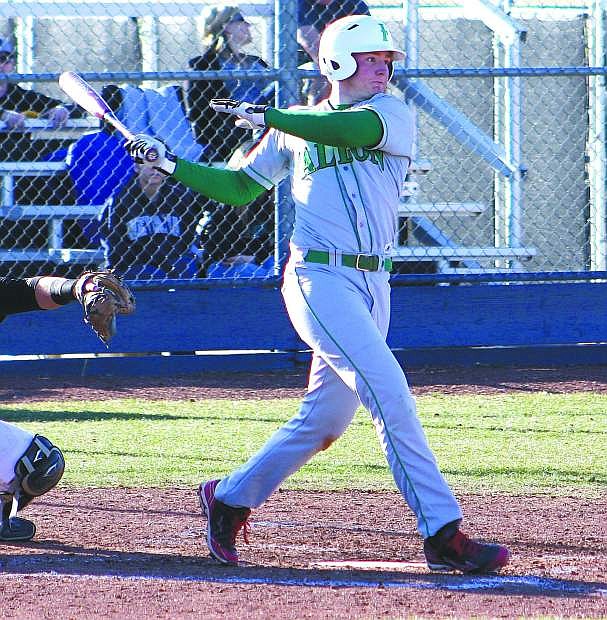 Fallon&#039;s Cody Long swings at a pitch during a game last week in Reno. The Wave host Truckee this weekend.