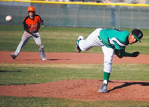 Fallon ace Alex Mendez delivers a pitch during the Greenwave&#039;s 8-3 win over Fernley last season.