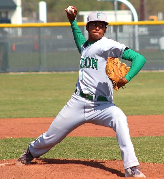Fallon ace Alex Mendez delivers a pitch during his four-hit shutout over Fernley on Tuesday. The Greenwave won 10-0.