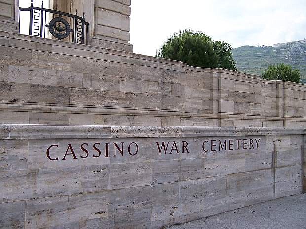 Shown is the Cassino War Cemetery (British Commonwealth) with the Benedictine Abbey on the right, 1,500 feet above the cemetery.