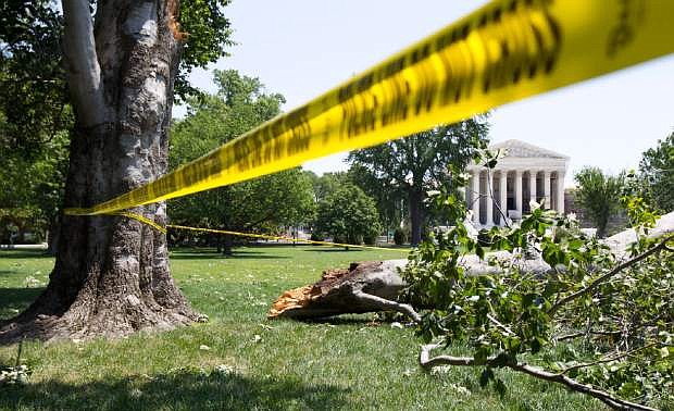 FILE - In this June 30, 2012, file photo, an American Beech tree is down on Capitol Hill grounds in Washington across from the U.S. Supreme Court after a powerful storm swept across the Washington region. A gigantic line of powerful thunderstorms with tree-toppling winds is likely to threaten one in five Americans Wednesday is as it rumbles from Iowa to Maryland, meteorologists warn. The massive storms may even spawn an unusual weather event called a derecho, which is a massive storm of strong straight-line winds spanning at least 240 miles. (AP Photo/Manuel Balce Ceneta, File)
