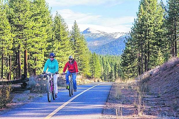 Cyclists ride on a bike path in Lake Tahoe. A new interactive map from Lake Tahoe Bicycle Coalition was unveiled in August with the hopes of improving biking in the region.