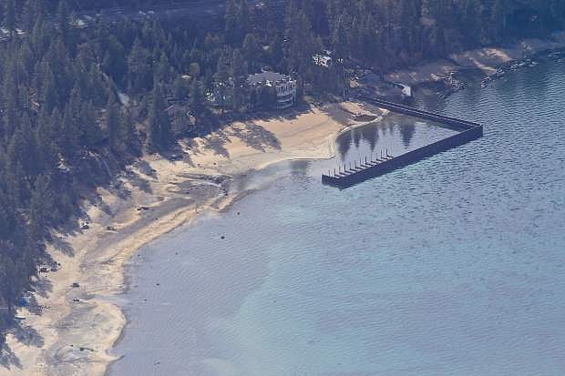 An aerial view at Logan Shoals Vista Point near Glenbrook on Lake Tahoe&#039;s east shore on Thursday, April 9, shows shallow waters.