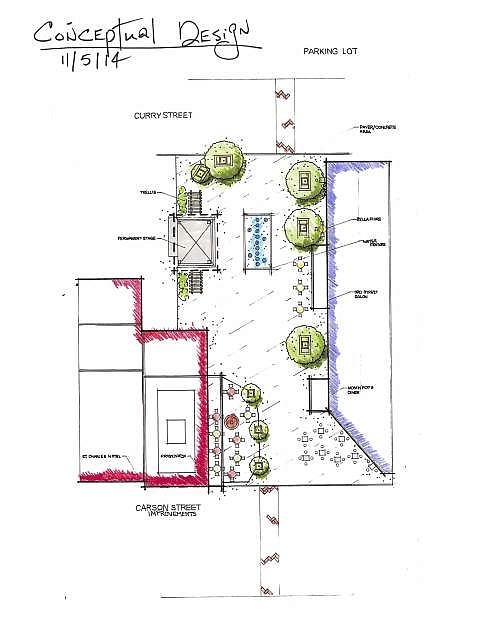 The conceptual design presented to the Carson City Board of Supervisors on Thursday for downtown 3rd Street improvements. The red line is the Firkin &amp; Fox. A stage would be behind the restaurant close to curry street. In the middle of the street is a purposed splash pad. The street between Carson Street and Curry Street will be closed to vehicles.