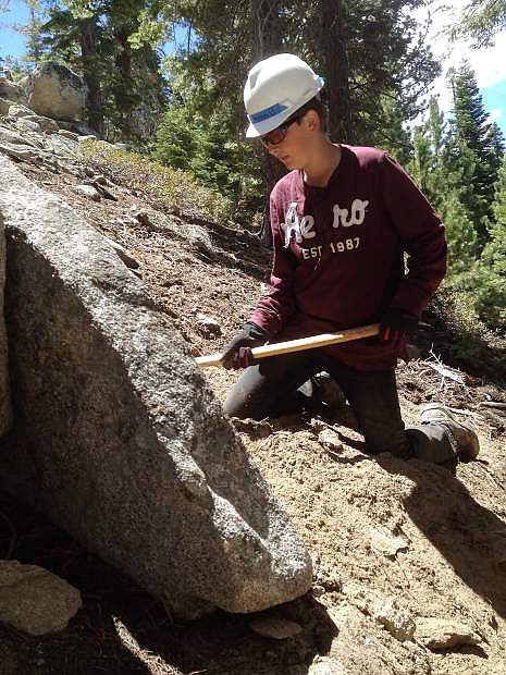 Nick Bowler helps build a new switchback on the Tahoe Rim Trail on an Eagle project for a fellow scout.
