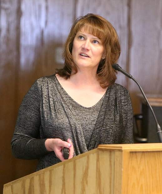 Carson City Chief Financial Officer Nancy Paulson gives a city budget power point presentation on Monday at the community center.