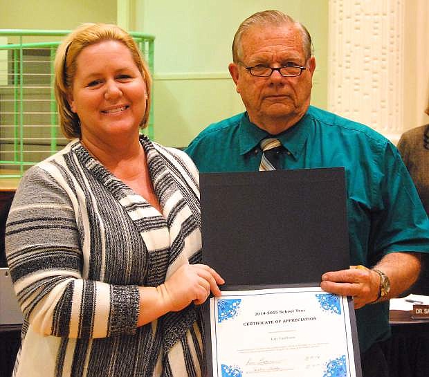 Churchill County School Board President Ron Evans presented Katy Van Dusen, bus driver, with a certificate of appreciation for her quick thinking action that prevented a potential horrible bus accident with a tractor-trailer.