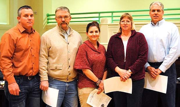 The Churchill County School Board trustees reognized the high schools career and technical education teachers at their Thursday night meeting. From left are trustee Matt Hyde, Fred Buckmaster, Kristina Moore, Karen Lawson and Chip Rutledge.