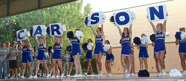 The Carson High Cheer Squad performs a cheer at the Hall of Fame Dinner at Teixeira Pavillion Saturday evening.