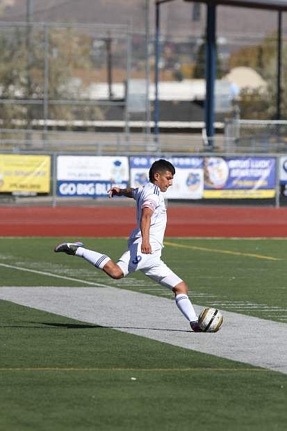 Carson&#039;s Cristian Hernandez plays the ball against Damonte Ranch on Saturday.