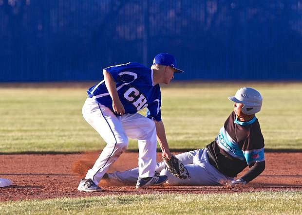 2nd baseman Connor Pradere puts the tag on a North Valleys player Thursday at Carson High.