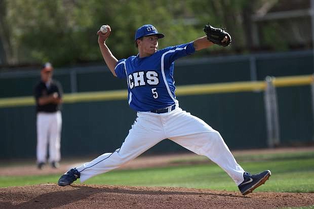 Chase Blueberg delivers a pitch for Carson Wednesday afternoon against Douglas at Tiger Field.