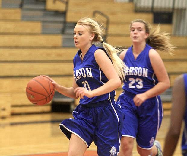 Kayla Aikins drives the ball up the court against Reno on Tuesday night.