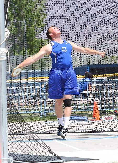 Carson&#039;s Ian Schulz wins the boy&#039;s discus Saturday with a toss of 162-3 at the Jim Frank Track and Field Complex Saturday.