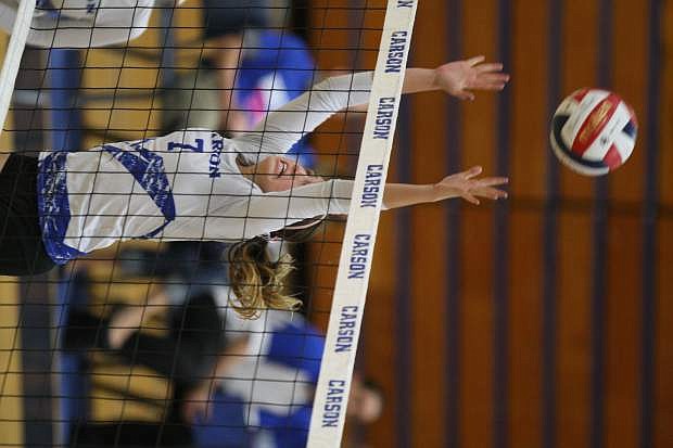 Skylar Jones defends the net in a match against Douglas on Tuesday.
