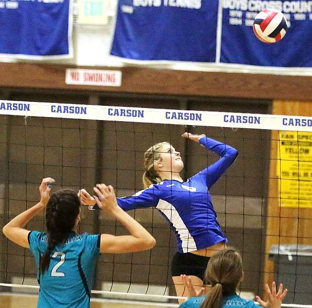 Carson&#039;s Stefanie Schmidt hits against North Valleys on Tuesday night.
