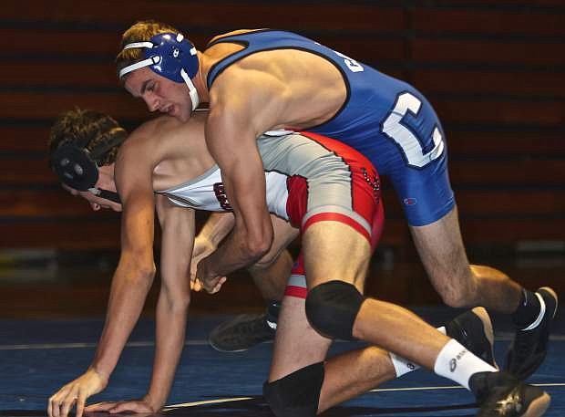 Carson&#039;s Nolan Shine wrestles Wooster&#039;s Mark Huckabay in the 160 lb. class Wednesday night. Shine went on to pin Huckabay.