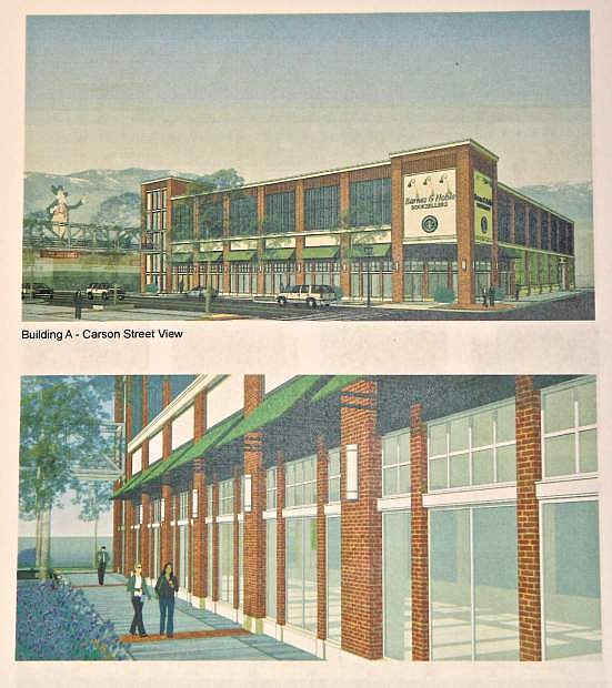 A photograph of an artist&#039;s renderings of the Capitol Mall project are shown  at Community Development Department. Building A is the parking garage west of the Carson Nugget on the parking lot/ice rink block.