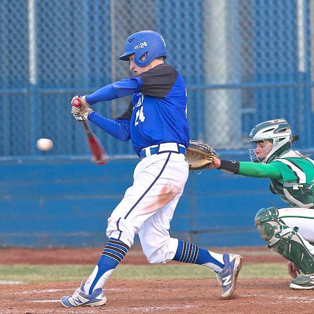 Senator Kyle Krebs tees off on a Fallon pitch Friday evening at Ron McNutt Field. Carson won 9-8.