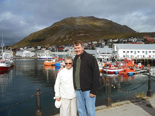 Marilyn Foster is pictured with Collette Vacations sales representative Jay Fehan at one of the colorful fishing villages in Norway