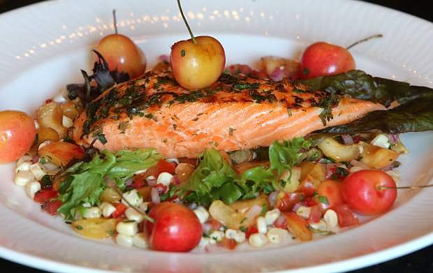 California Wild Salmon with Queen Anne cherry and white corn salsa