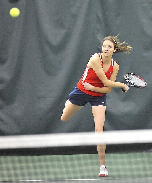 Former Fallon standout and current St. Mary&#039;s University tennis player Haley Jorgensen blasts a serve during a match this season.